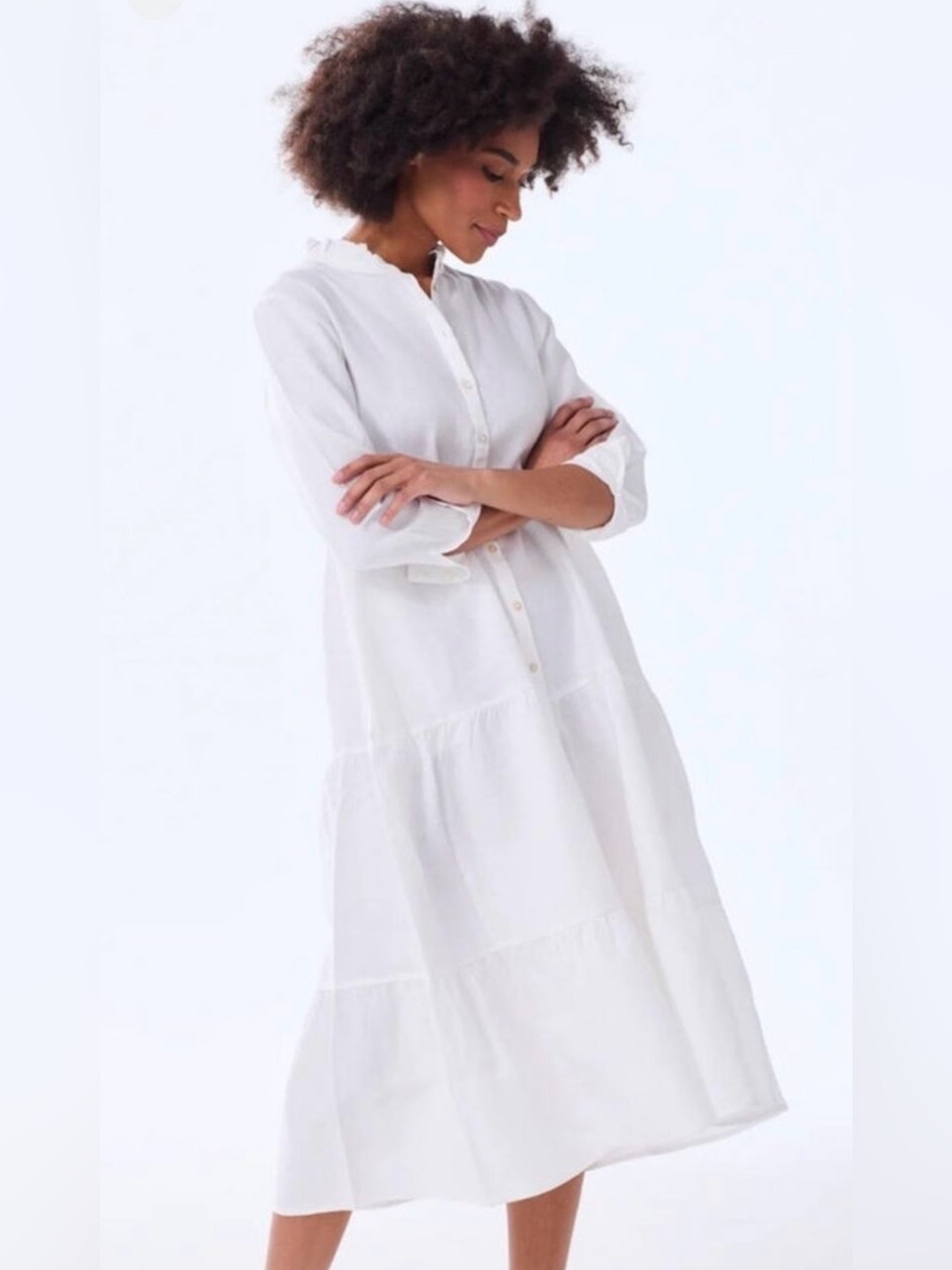 NWT Alice Walk White Linen Button-Front Tiered Midi Dress